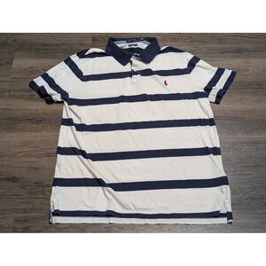 Polo Ralph Lauren Mens Large Custom Slim Fit Striped Polo Shirt White Navy Blue